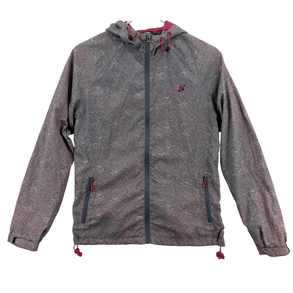 New Balance Jacket Womens Small Gray Pink Hooded Full Zip Running Windbreaker
